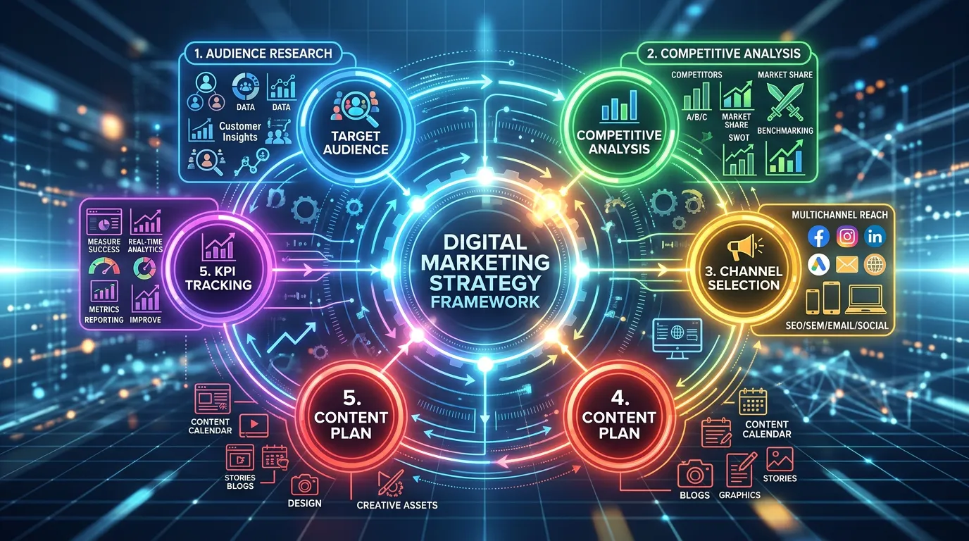 What is a digital marketing strategy showing comprehensive plan with audience channels budget KPIs and timeline