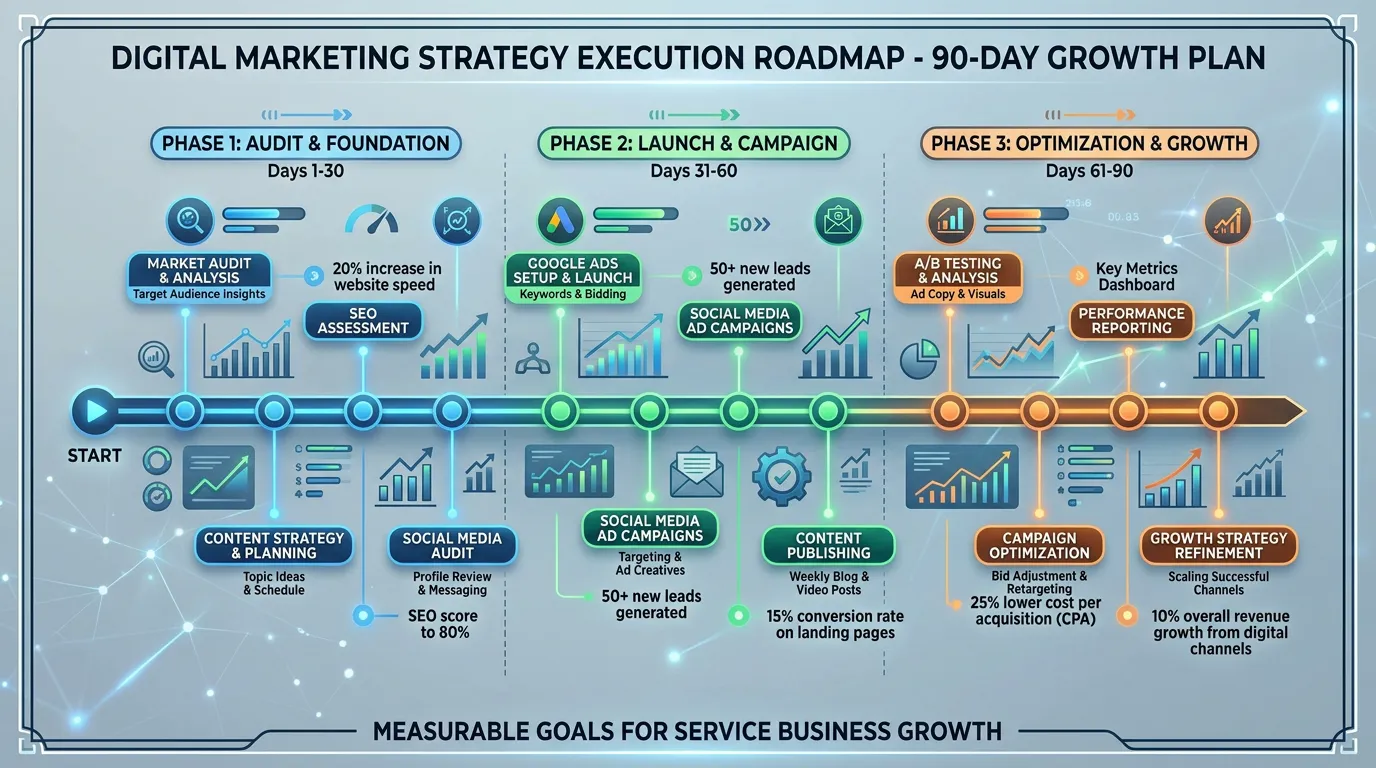 Digital marketing strategy components showing audience research channel selection content plan and KPI tracking