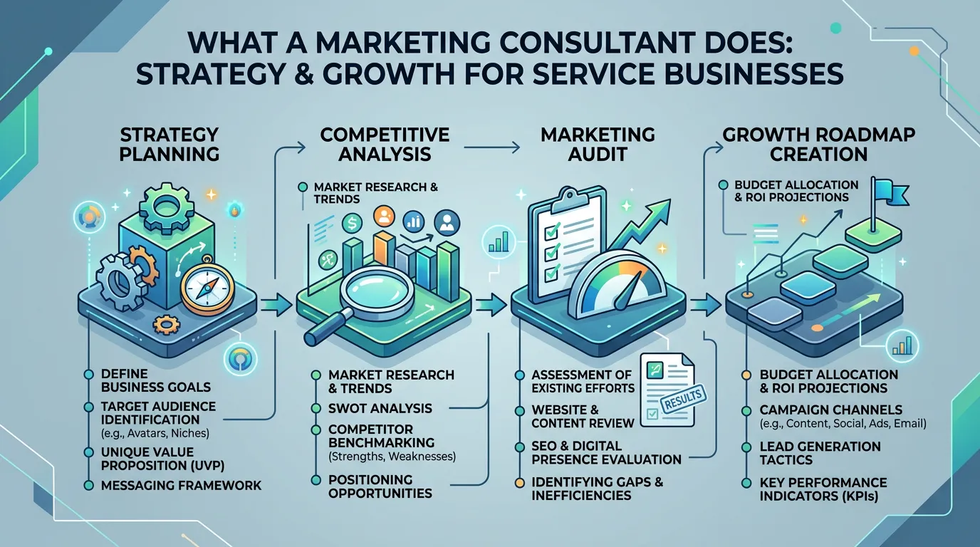 Digital marketing strategy roadmap showing 90-day milestones from audit to launch to optimization for service business