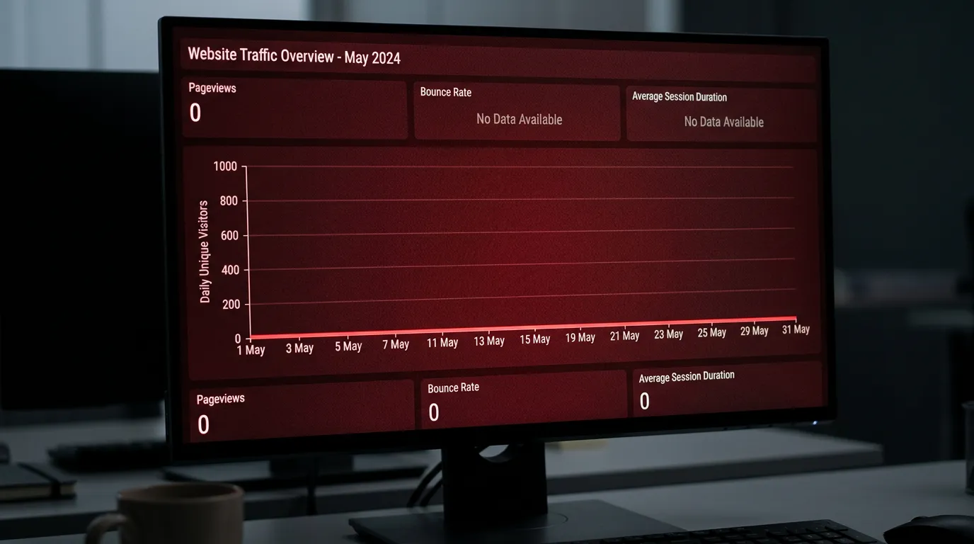 Blog with zero traffic showing flat analytics chart and no website visitors problem visualization