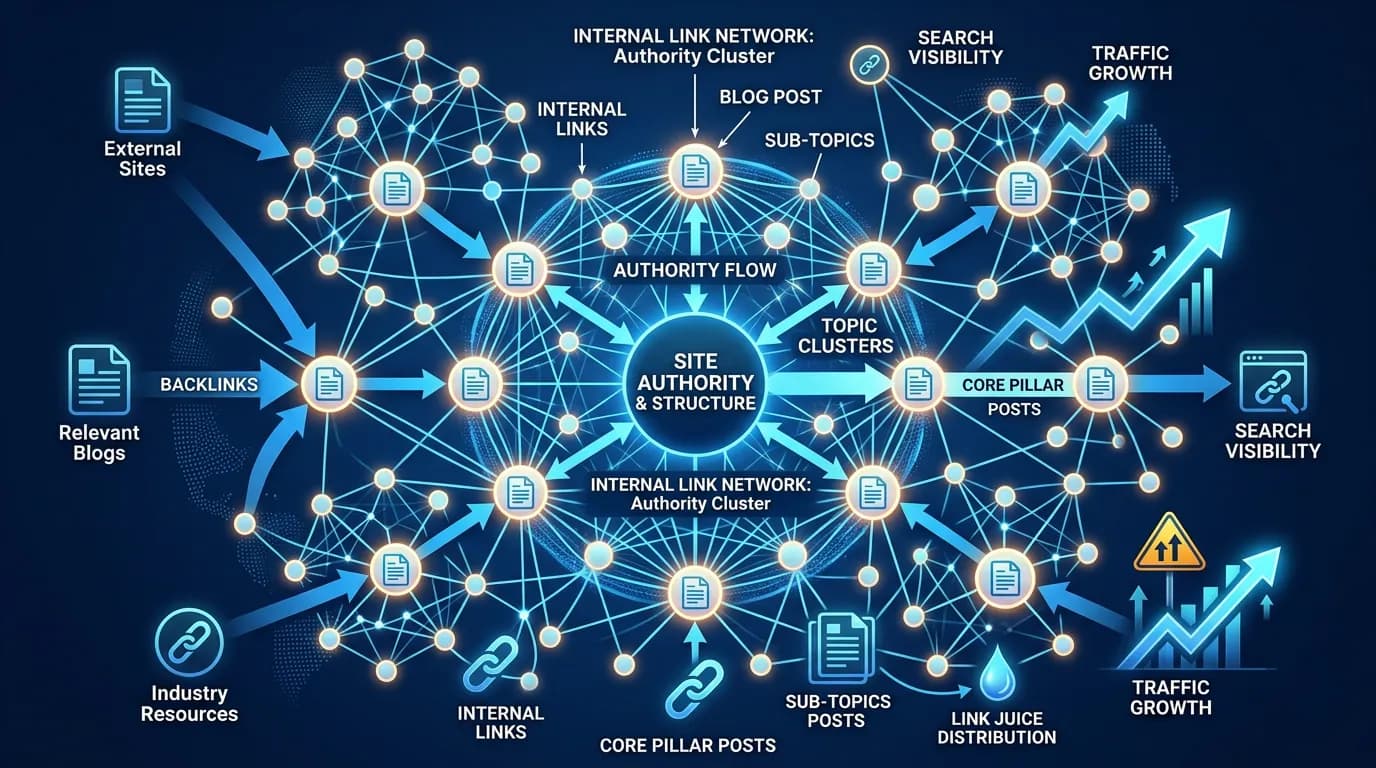 Internal linking and backlink strategy for blog SEO showing web of connected posts for authority