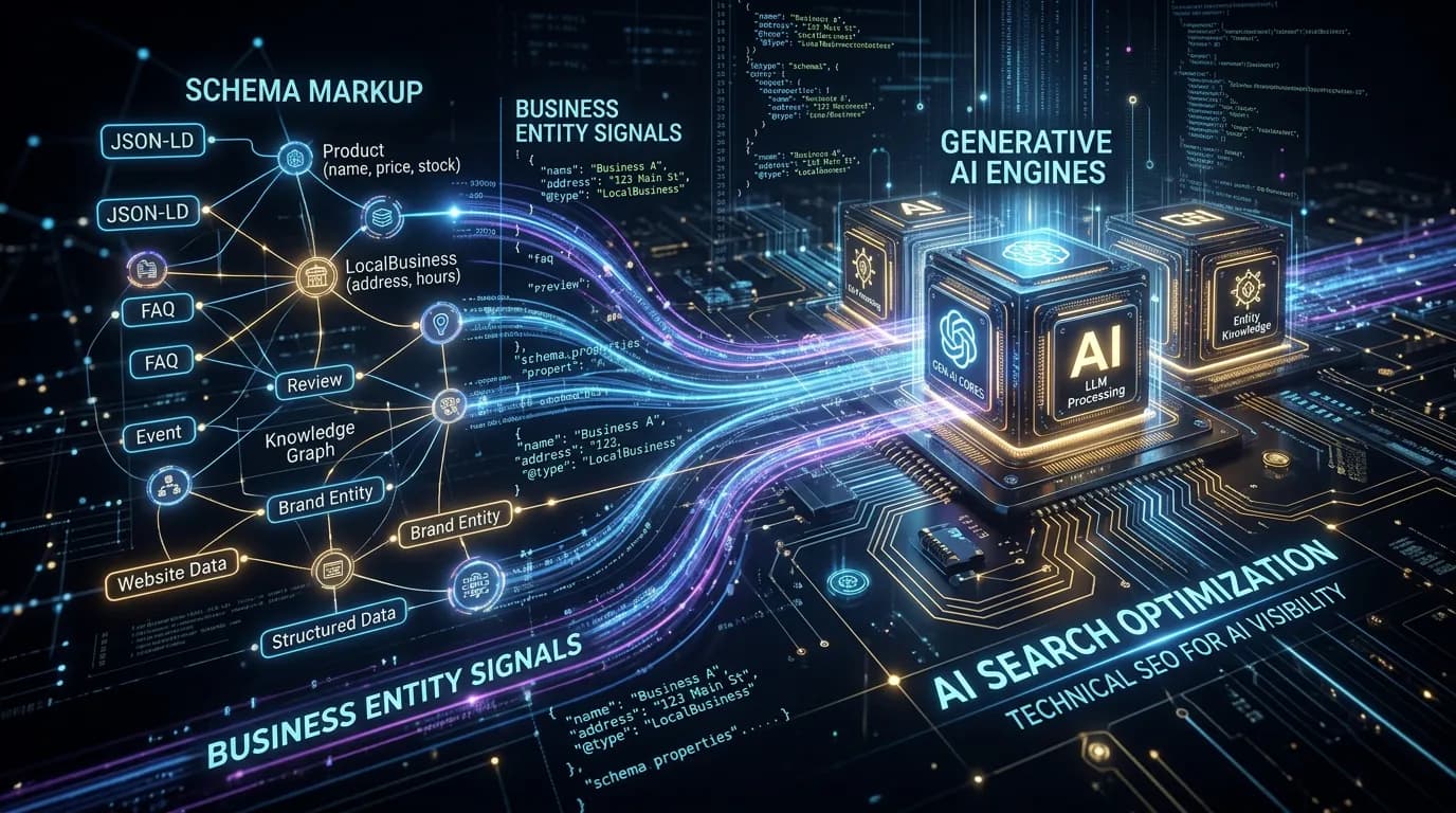 Entity and structured data concept for AI search showing schema markup helping AI engines find business
