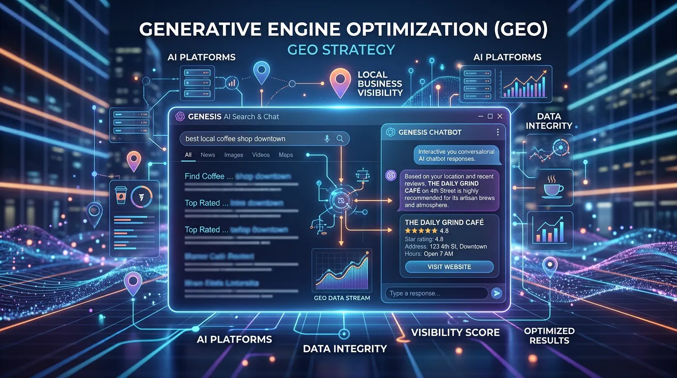 Generative engine optimization showing business being mentioned by AI chatbot with GEO strategy
