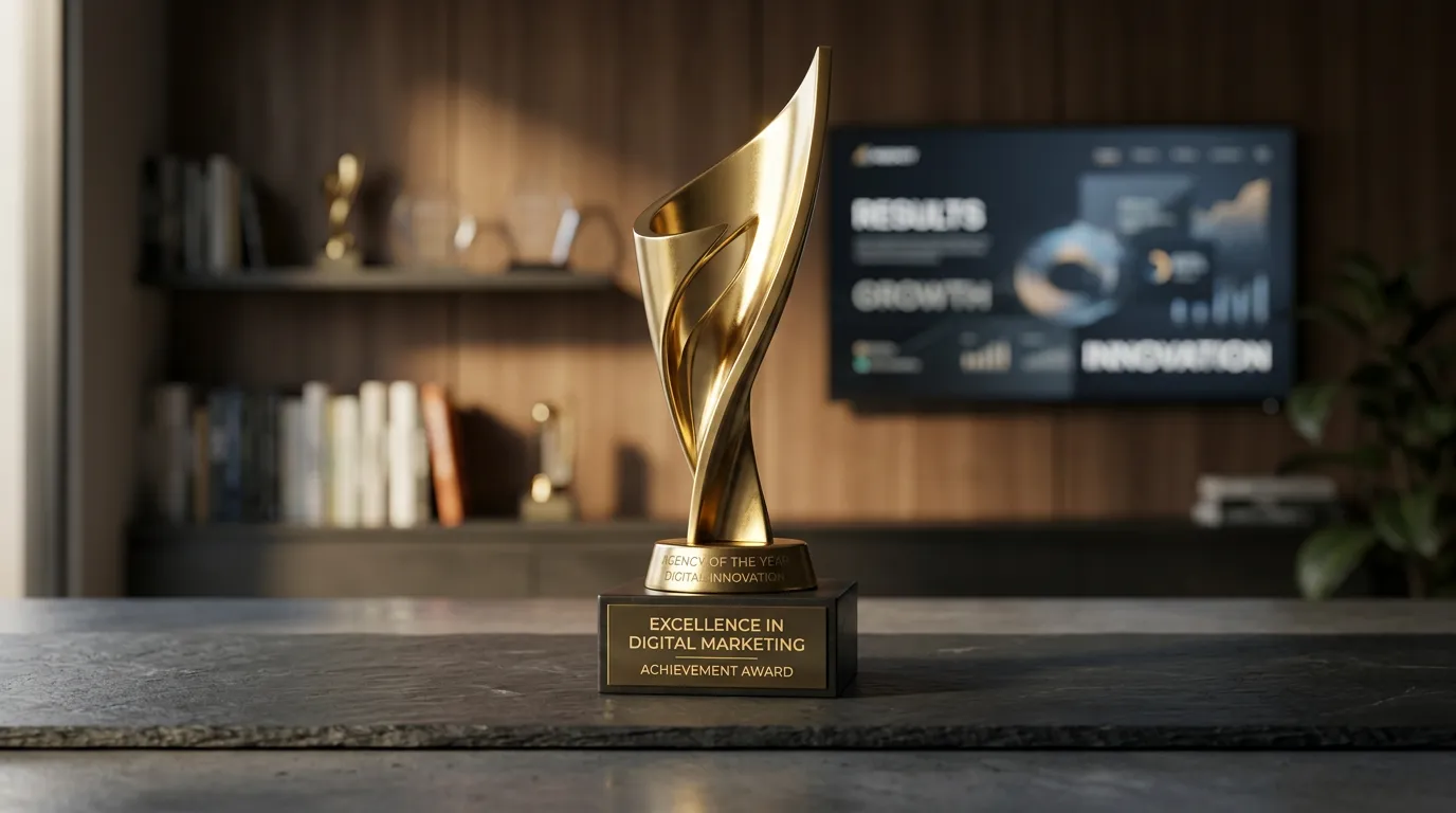 Gold trophy award representing excellence and achievement of Online Website Marketing agency