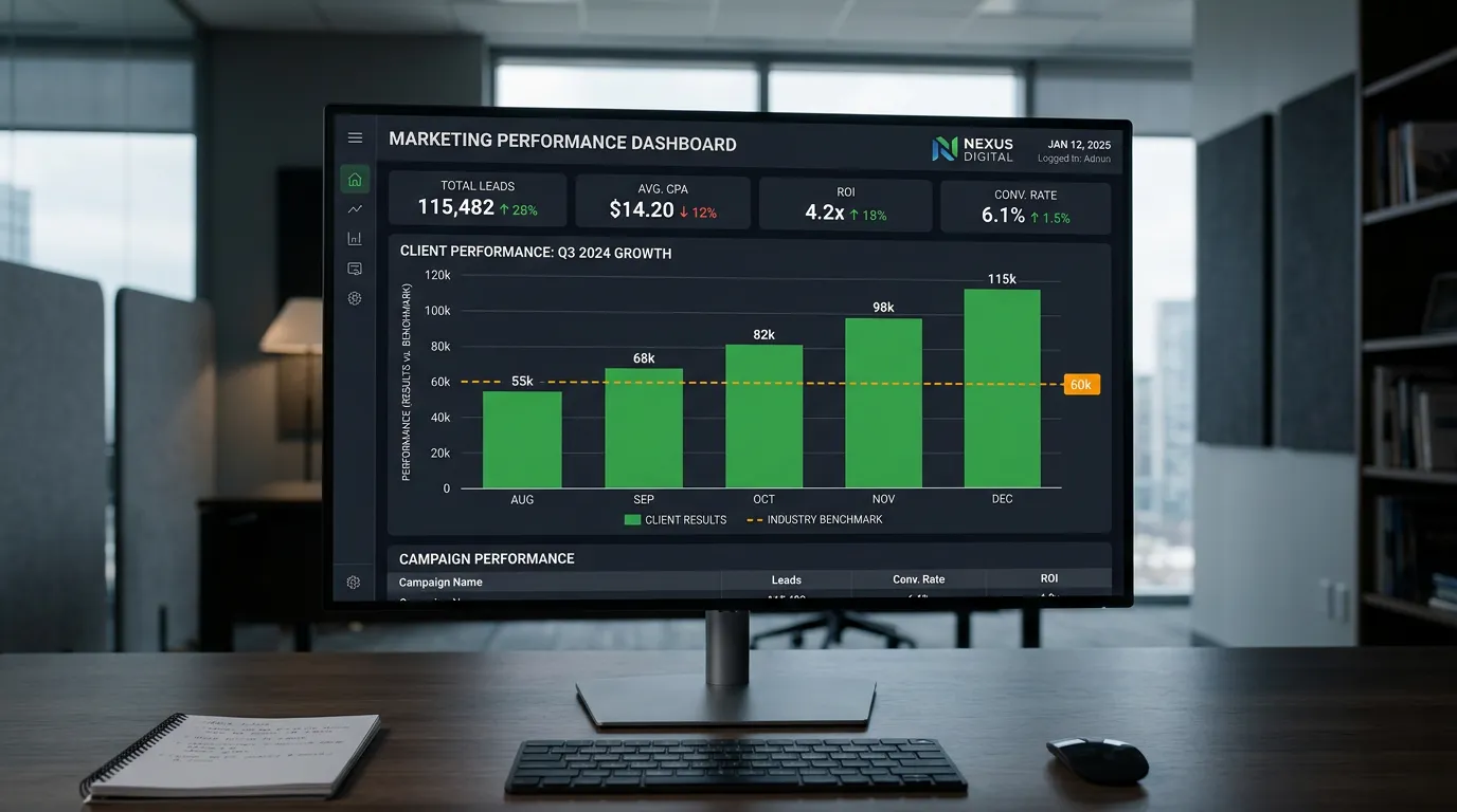 Performance bar chart showing superior digital marketing results above industry benchmark