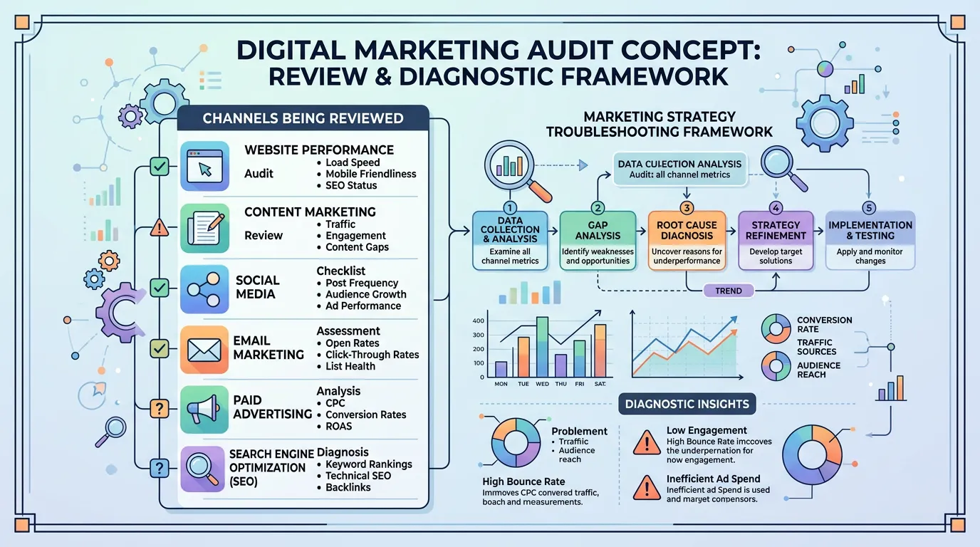 Digital marketing audit concept showing checklist of all channels being reviewed and diagnosed for problems