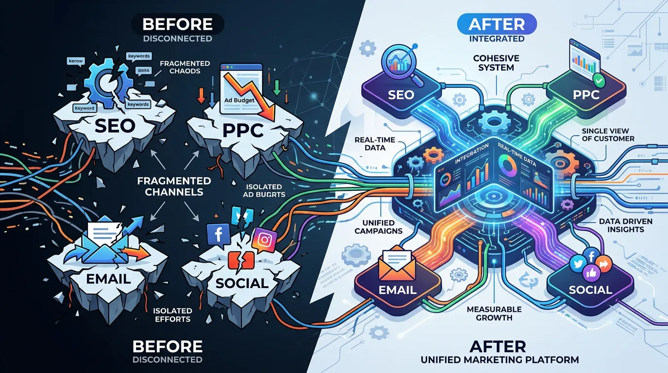 Marketing strategy overhaul showing disconnected channels reconnected into cohesive integrated marketing system