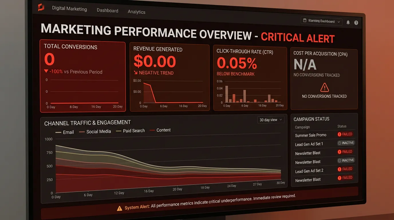 Digital marketing not working showing zero results dashboard with flat declining metrics across all channels