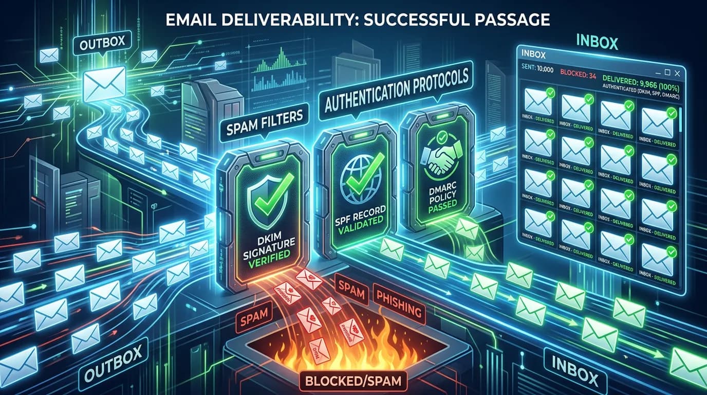 Email deliverability fix showing emails passing spam filters successfully with DKIM SPF DMARC authentication