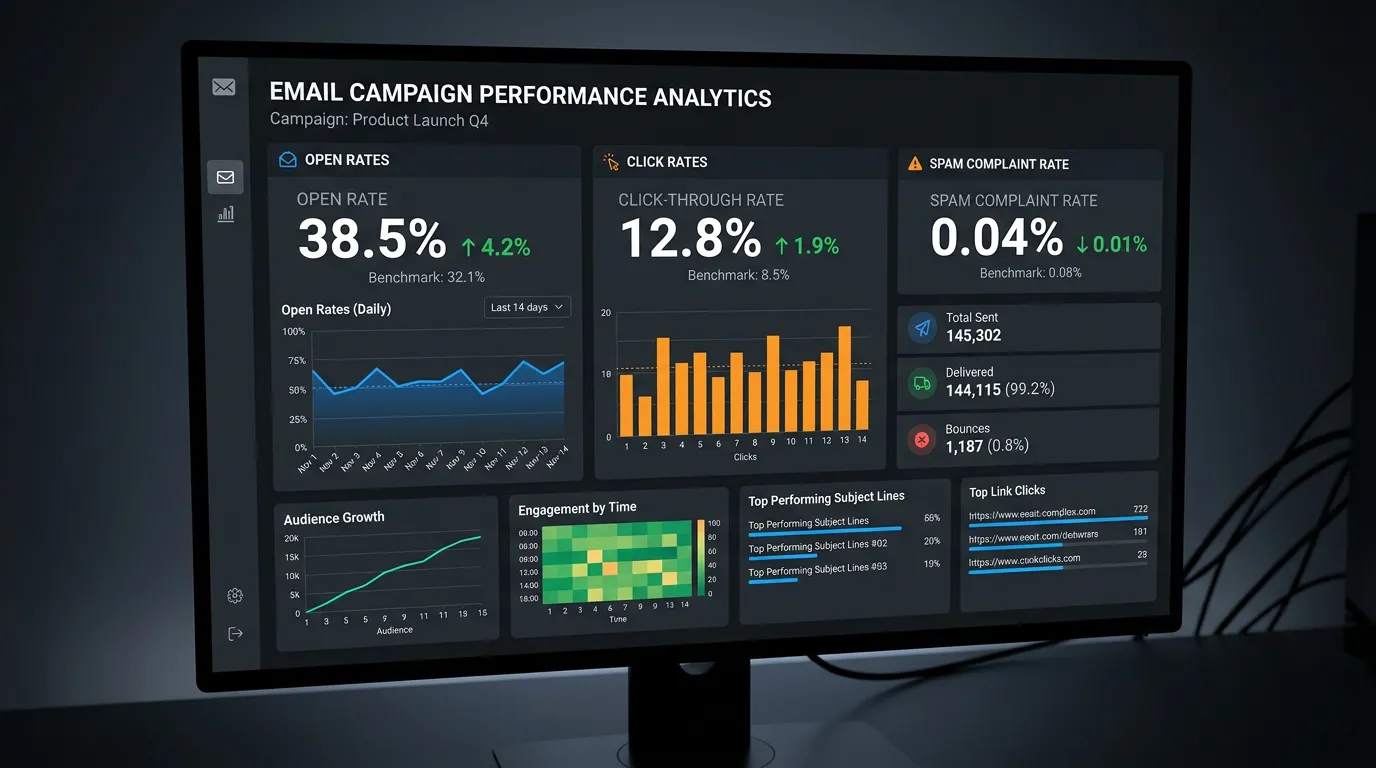 Email marketing metrics dashboard showing open rates click rates and spam complaint rate analytics